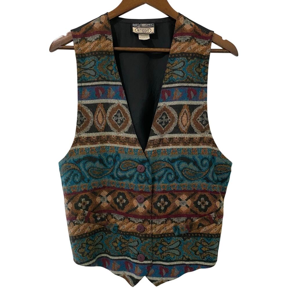 Vintage Wrapper Tapestry Vest Large 90s Boho Southwestern Button Front Tie Back